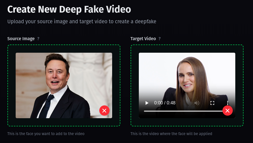 Интерфейс Deepfakes Web с полями Source Image и Target Video