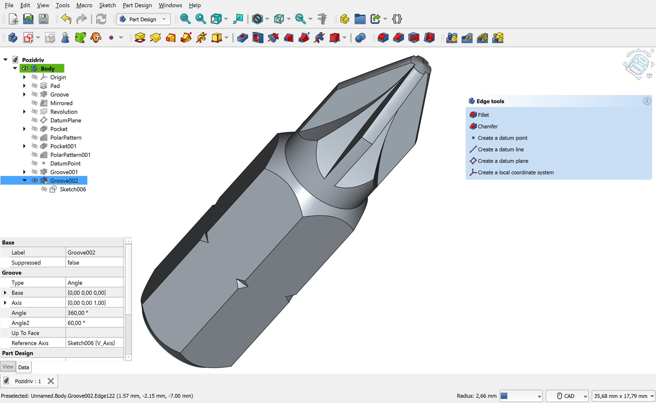 Интерфейс FreeCAD в Part Design с моделью Pozidriv-биты