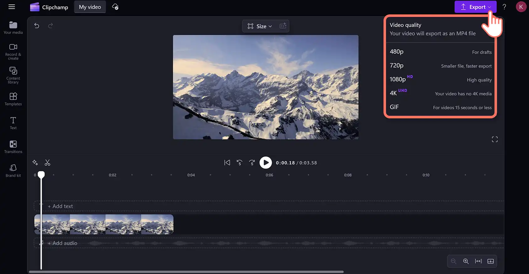 Выбор разрешения при экспорте из Clipchamp