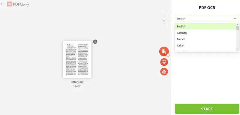 Интерфейс PDF OCR в PDF Candy