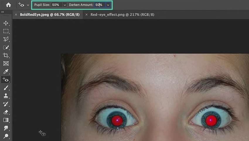 Adobe Photoshop: параметры Pupil Size и Darken Amount для Red Eye Tool