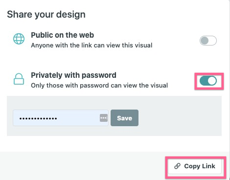 Окно Share your design с вариантами Public on the web, Privately with password и Copy Link