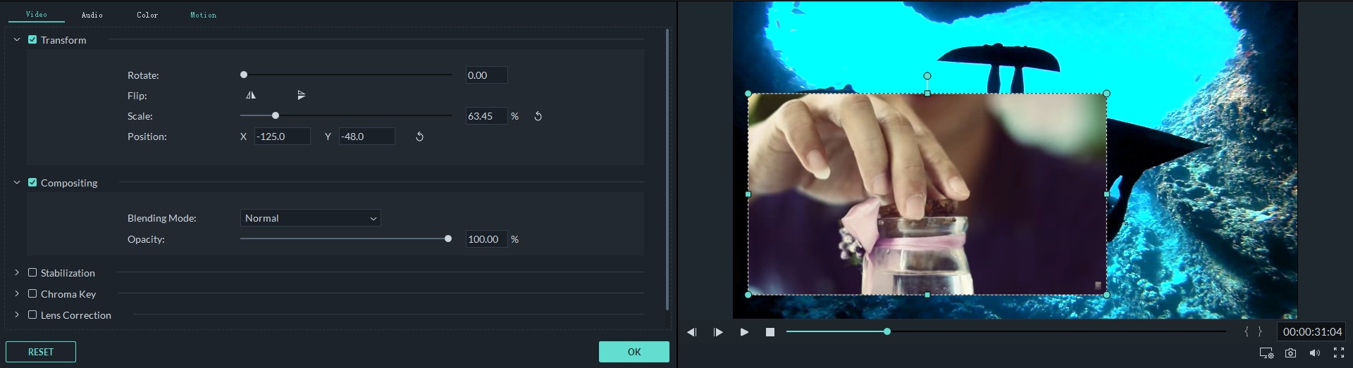 Настройка видео в видео в Wondershare Filmora