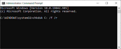 Запуск CHKDSK в командной строке Windows 10