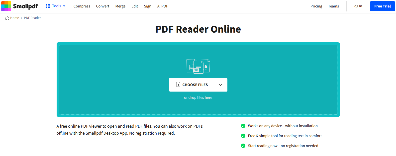 Интерфейс Smallpdf PDF Reader с областью Choose Files для загрузки PDF