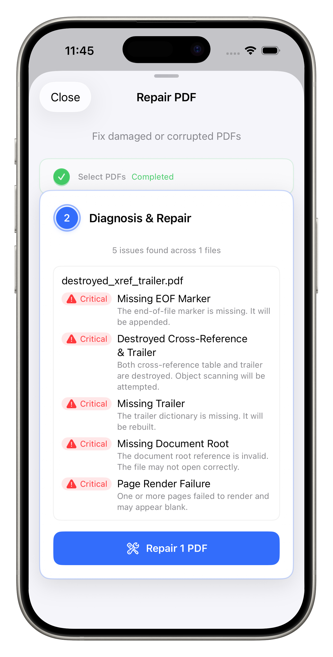 Диагностика повреждённого документа в Repair PDF приложения PDF Toolbox
