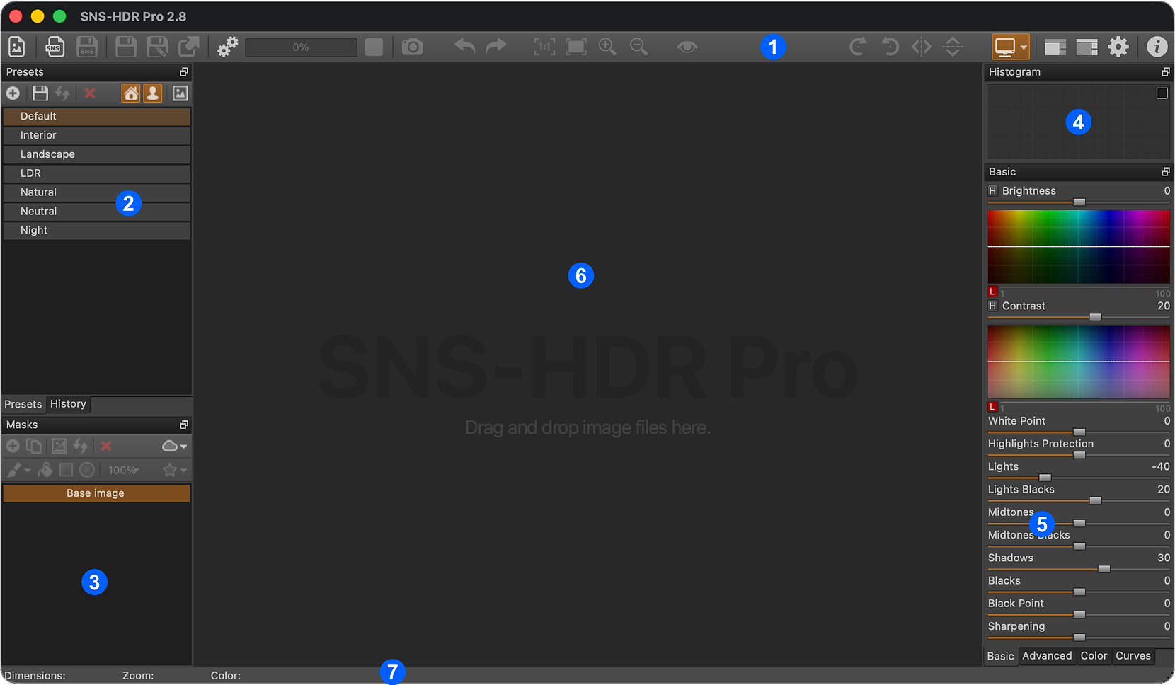 Рабочее окно SNS-HDR с панелями пресетов, масок и гистограммы