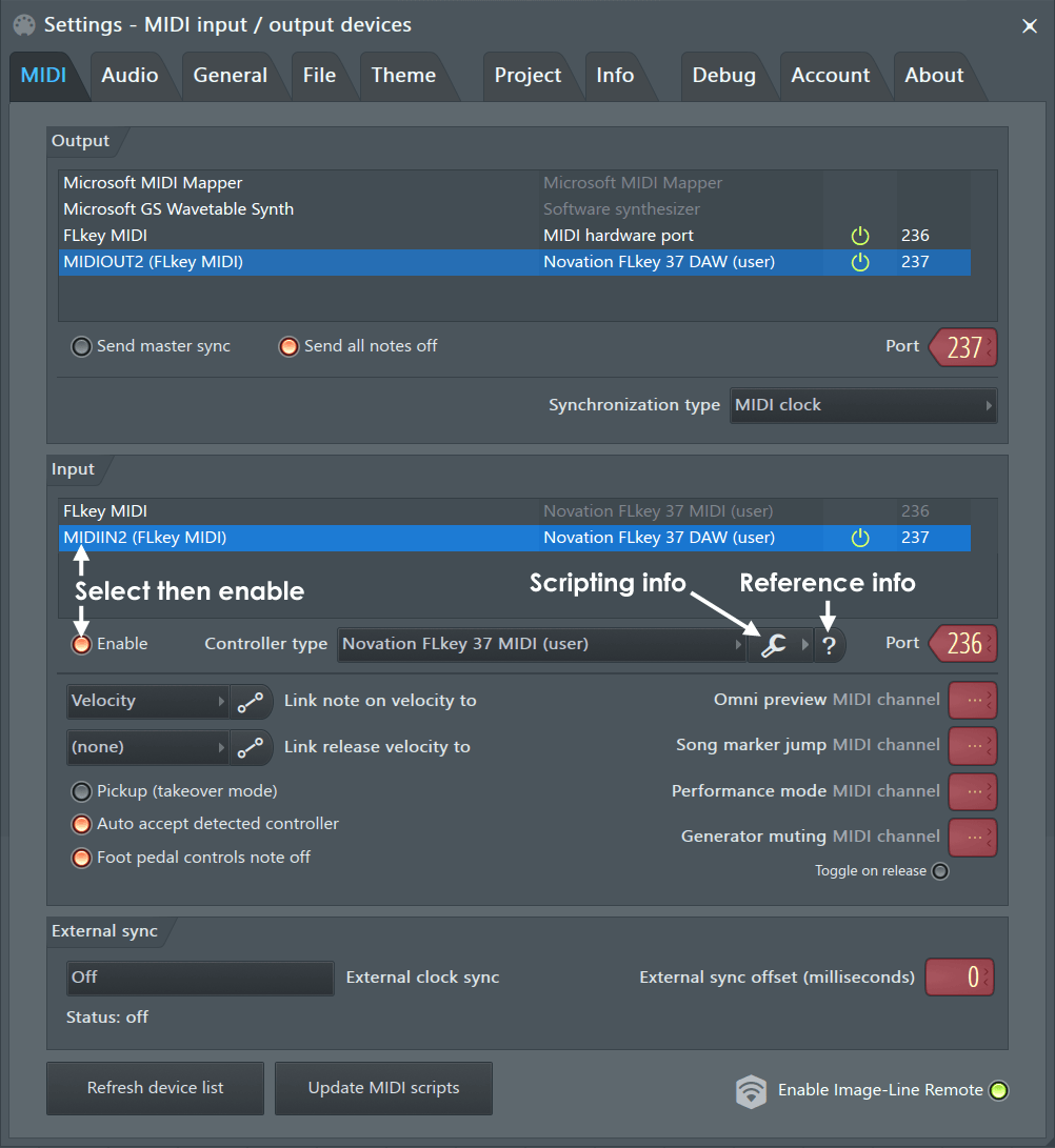 FL Studio: окно MIDI Settings с выбором и включением MIDI-входа