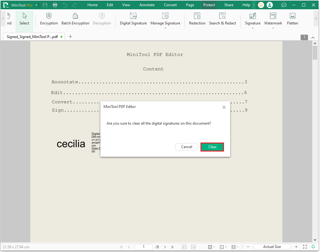 Подтверждение Clear при удалении цифровых подписей в MiniTool PDF Editor