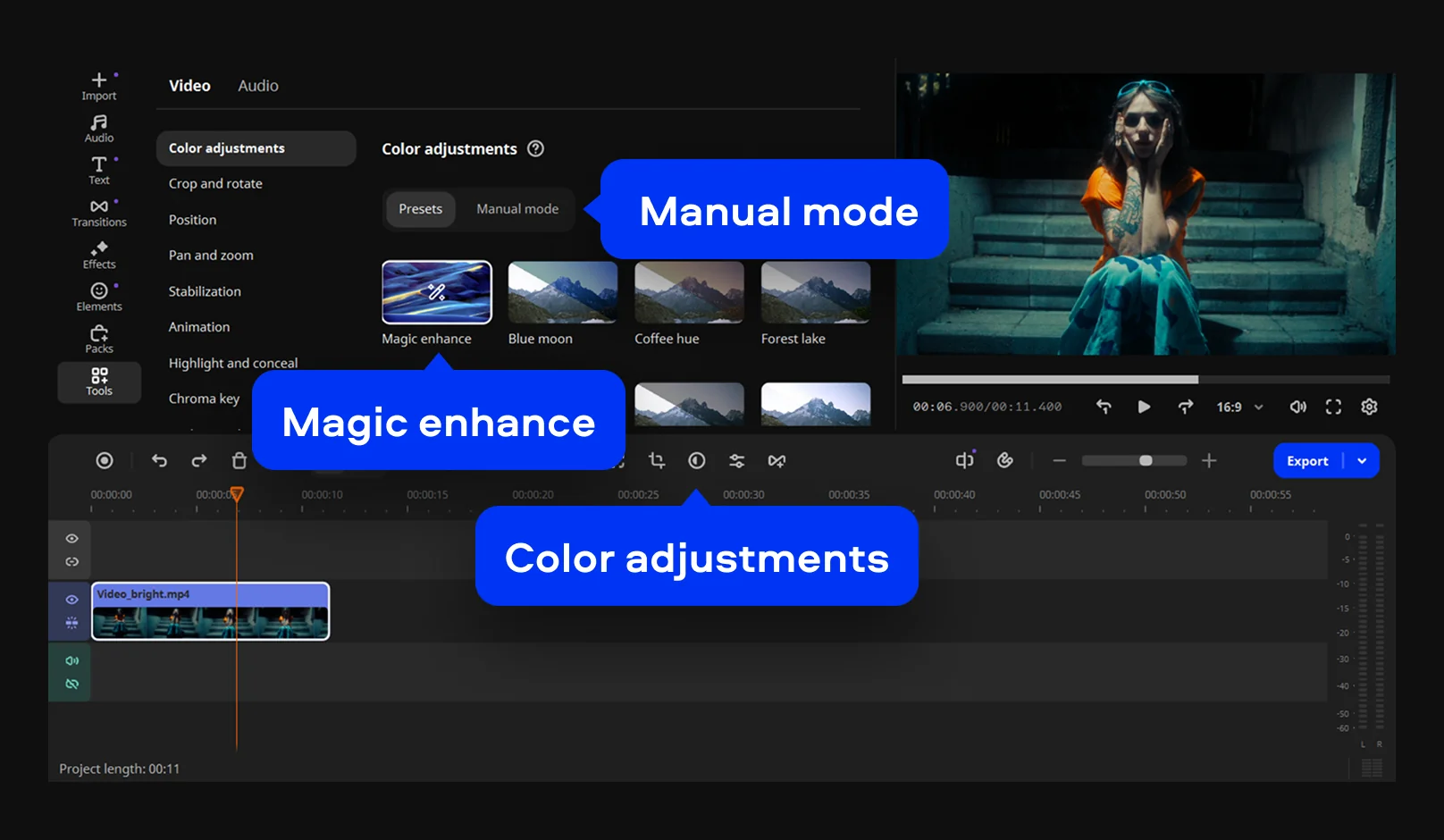 Раздел Color adjustments и переключатель Manual mode в Movavi Video Editor