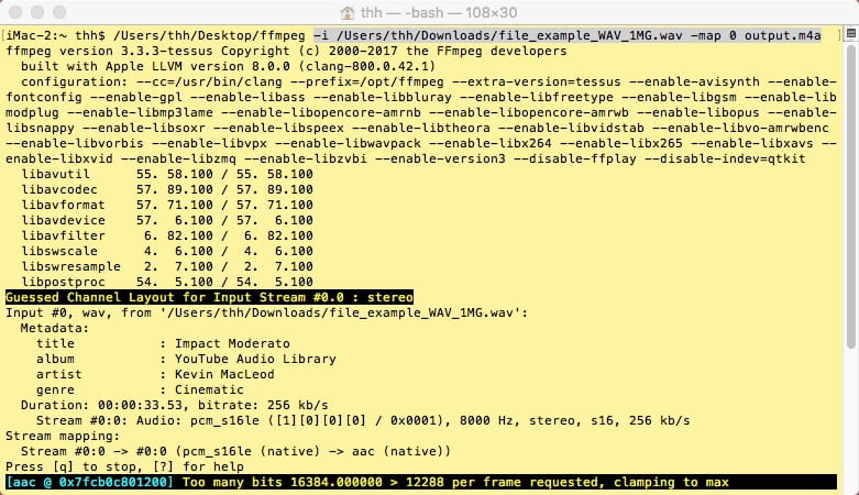 Окно терминала с командой FFmpeg для конвертации аудиофайла