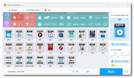 Интерфейс WonderFox Free HD Video Converter Factory с выбором форматов и кнопкой Run