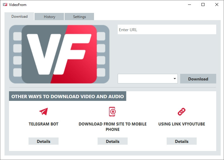 Главное окно VideoFrom с вкладками Download, History и Settings