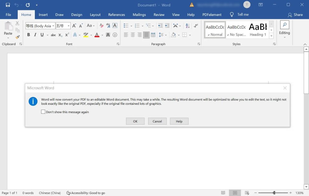 Предупреждение Microsoft Word перед преобразованием PDF в редактируемый документ