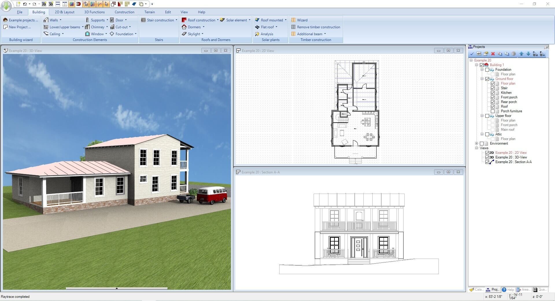 Ashampoo 3D CAD Professional с несколькими видами проекта: 3D-модель, план этажа и фасад