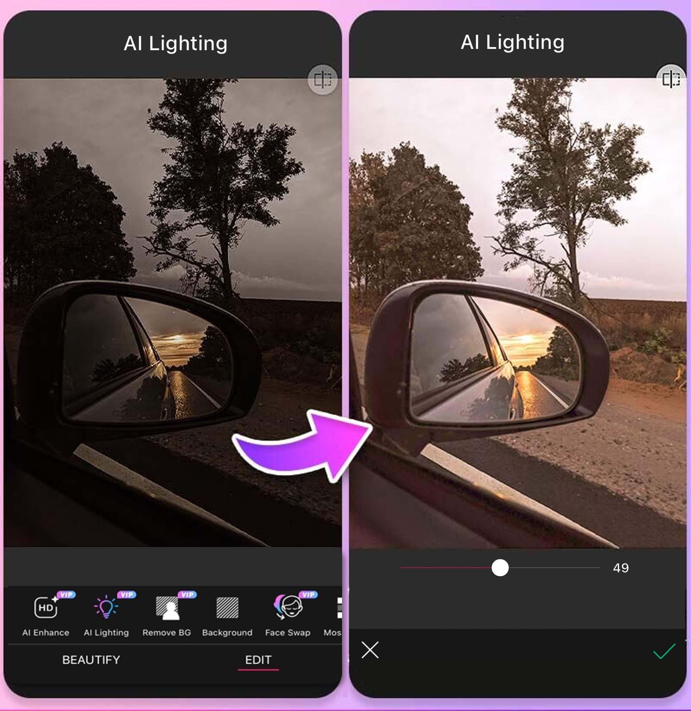 YouCam Perfect: AI Lighting исправляет тёмный кадр ползунком