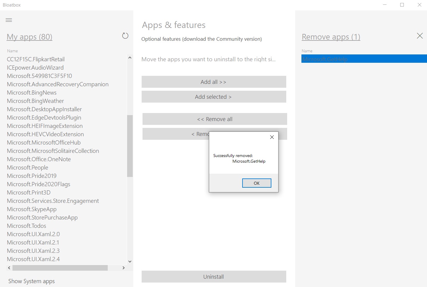 Окно Bloatbox с выбранным Microsoft.GetHelp и сообщением Successfully removed