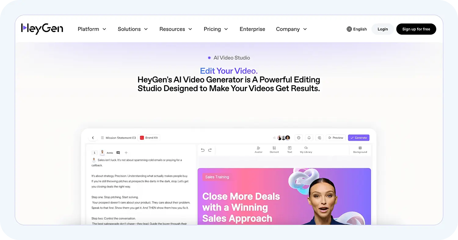 Интерфейс видеостудии HeyGen с редактором сценария и предпросмотром сцены