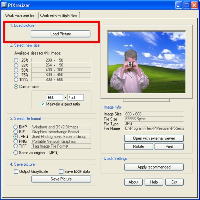 Окно PIXresizer во вкладке Work with one file с кнопкой Load Picture, выбором размера и предпросмотром изображения