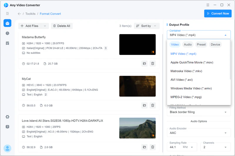 Any Video Converter Free: выбор выходного формата MP4, MOV, MKV, AVI, WMV и MPG