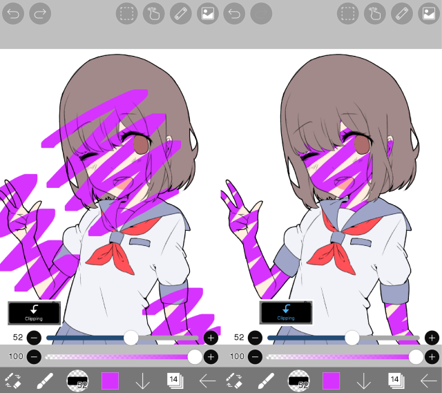 Пример работы Clipping в ibisPaint X: штрих остаётся внутри нижней заливки