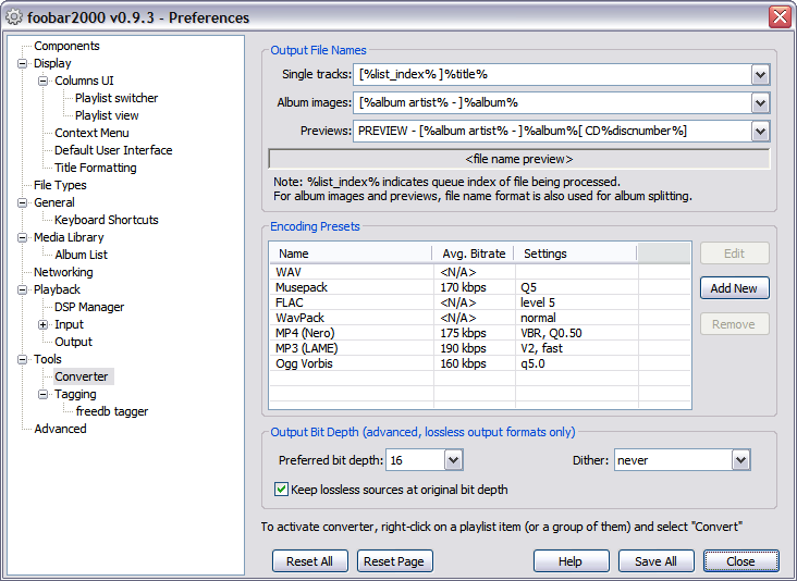 Настройки форматов Converter в foobar2000