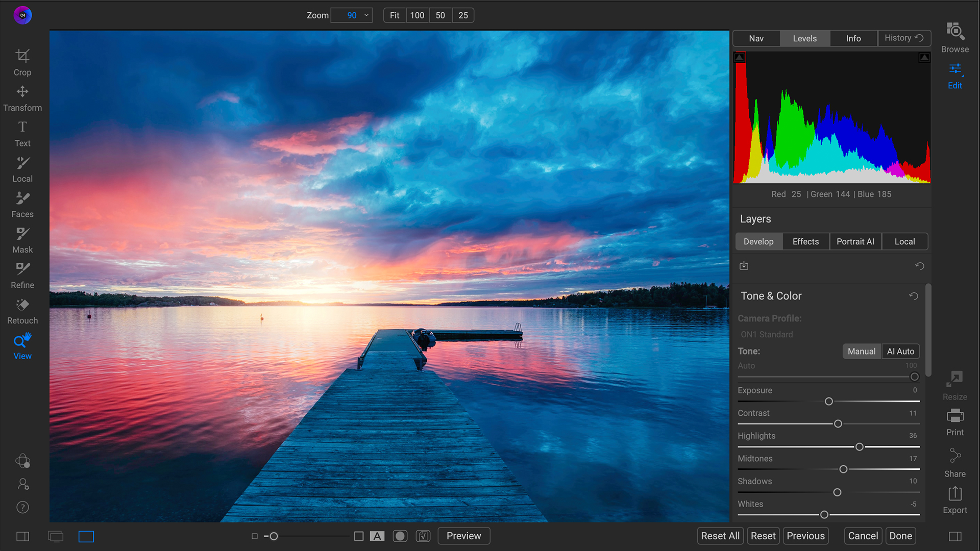 Модуль Develop в ON1 Photo RAW с тоновой коррекцией