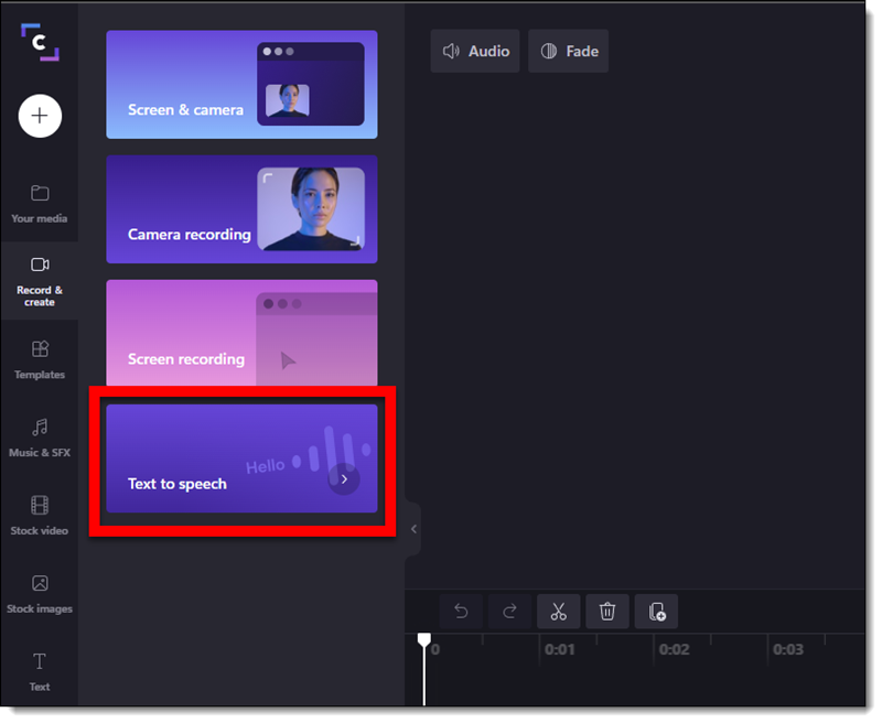 Раздел создания озвучки Text to speech в Clipchamp