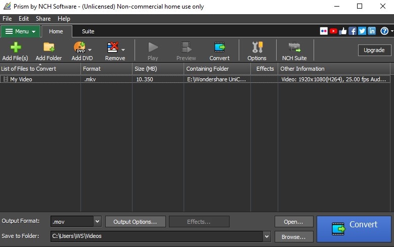 Добавление MKV в Prism Video Converter