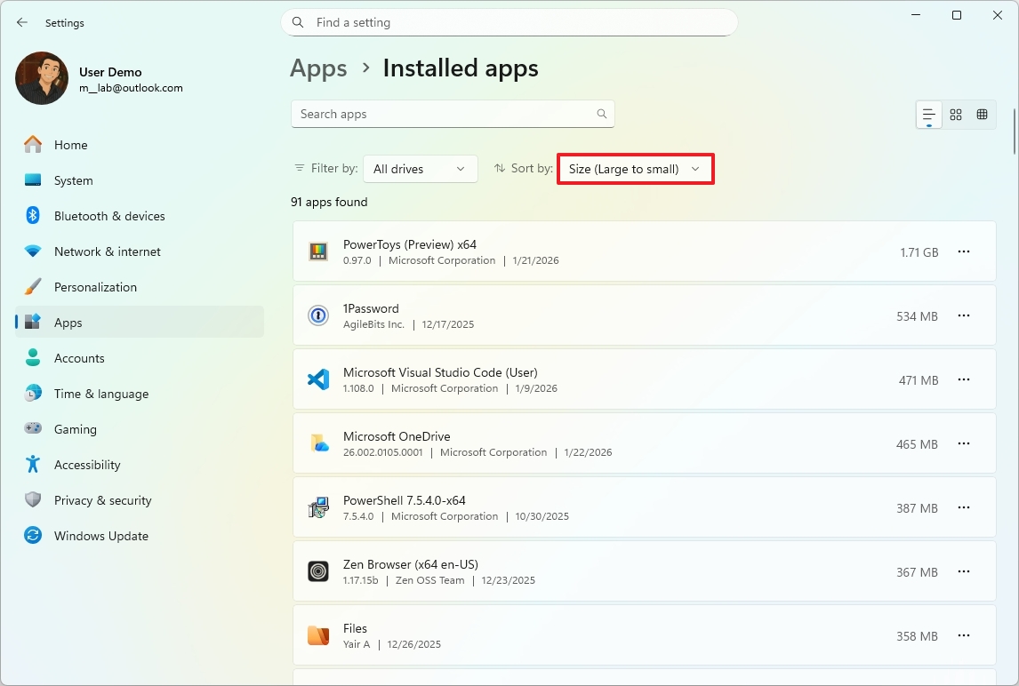 Сортировка установленных приложений Windows 11 по размеру