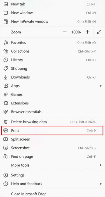 Команда Print в меню Microsoft Edge