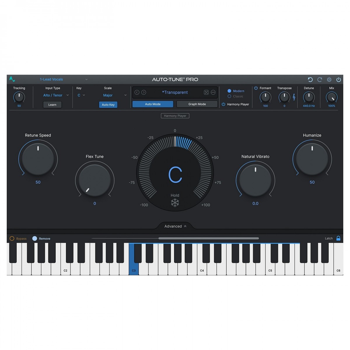Интерфейс Antares Auto-Tune Pro с автоматической коррекцией высоты тона