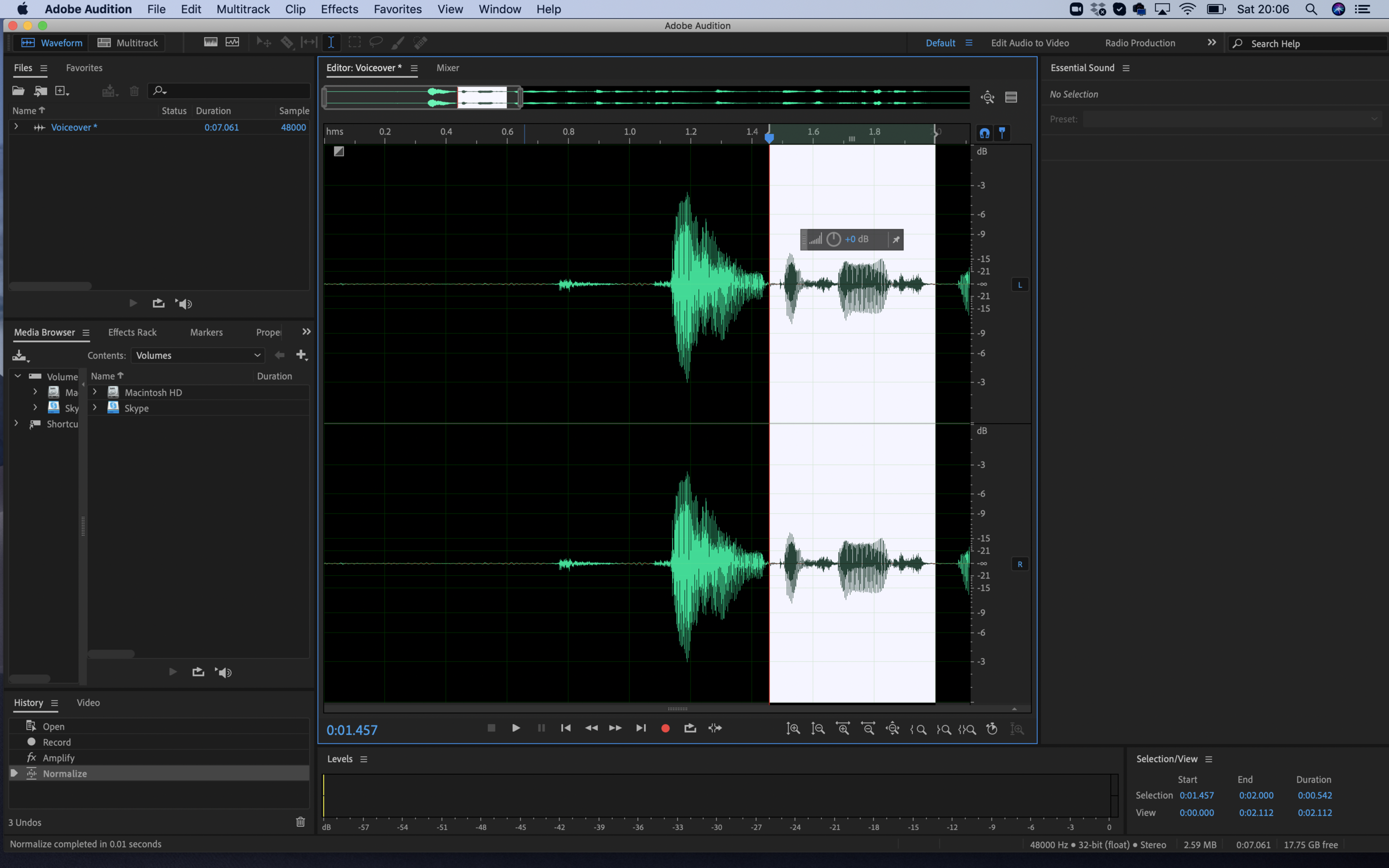 Adobe Audition в режиме Waveform с выделенным фрагментом аудиозаписи