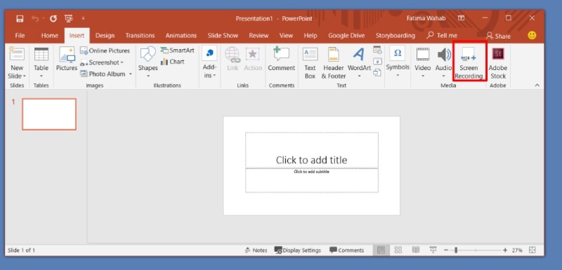 Команда Screen Recording на вкладке Insert в Microsoft PowerPoint
