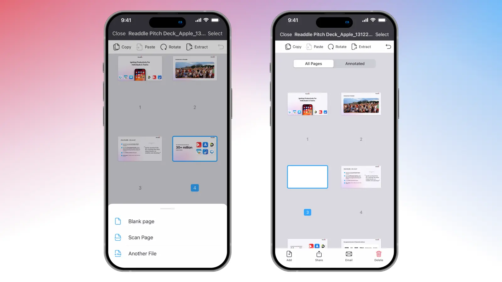 Добавление пустой страницы, скана или другого файла в PDF Expert на iPhone