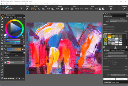 Главное окно Corel Painter с холстом, кистями, цветовым кругом и панелями