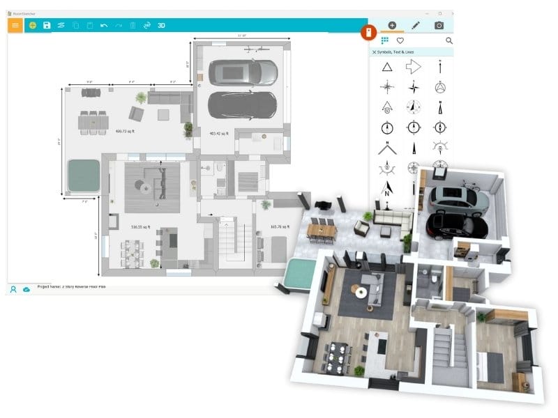 Интерфейс RoomSketcher с 2D-планом и панелью объектов