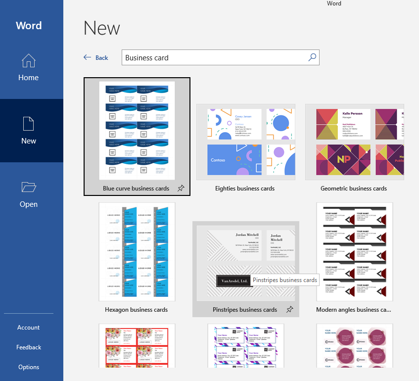 Поиск шаблонов визиток в Microsoft Word