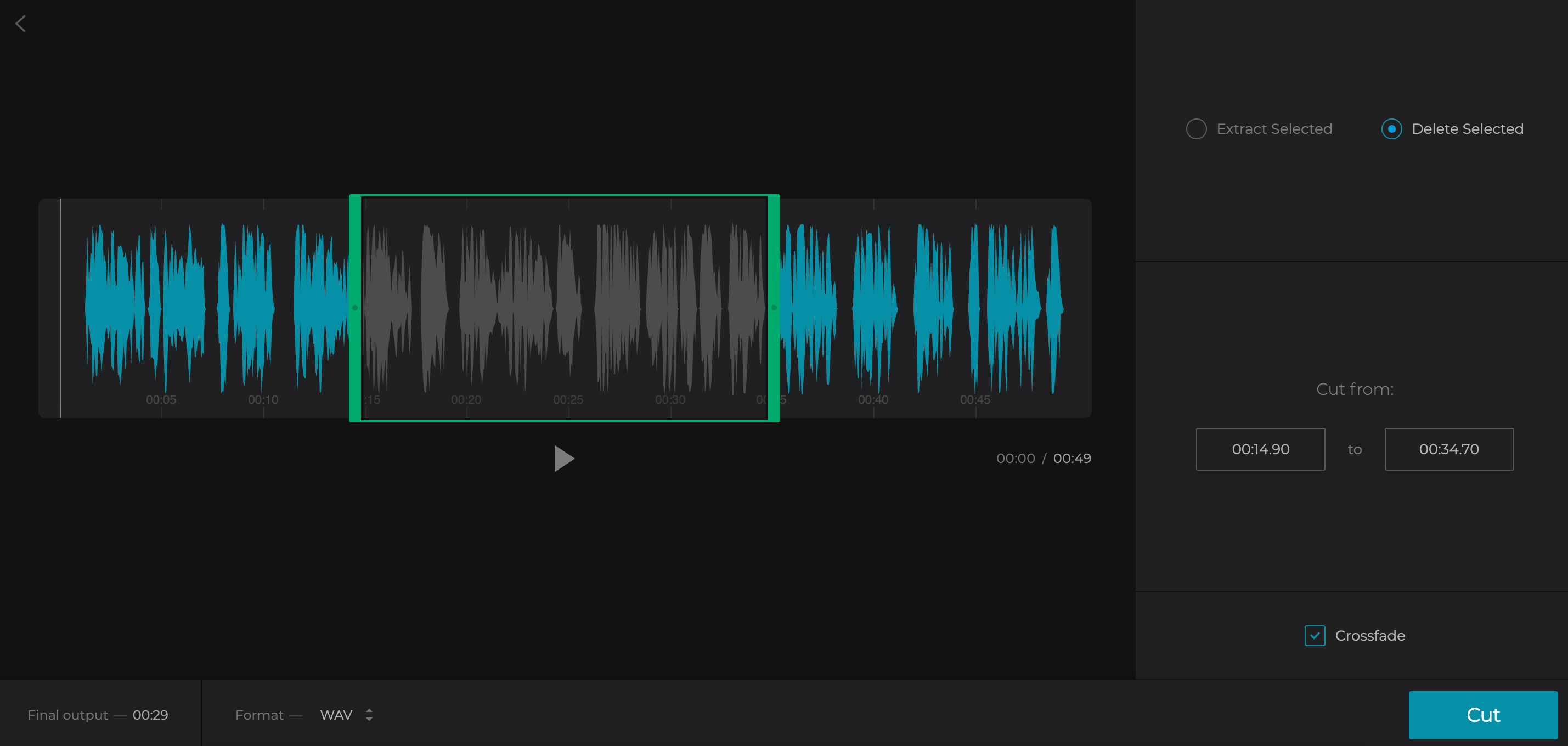 Clideo Cut Audio: выбор диапазона, Extract Selected и Delete Selected