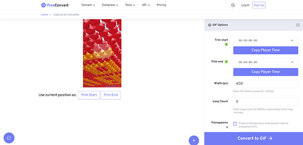 Поля обрезки и параметров GIF в FreeConvert