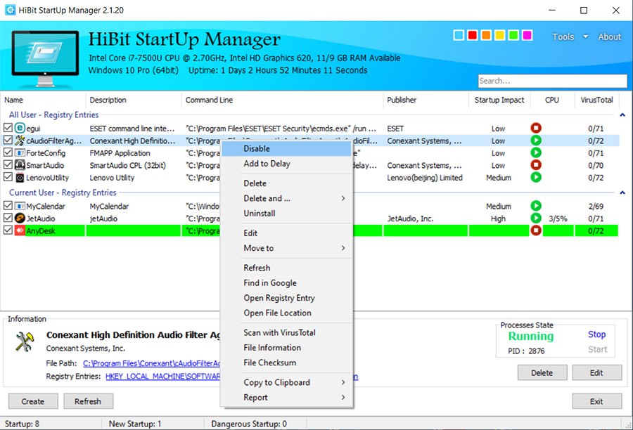 Главное окно HiBit Startup Manager со списком элементов автозагрузки и контекстным меню действий