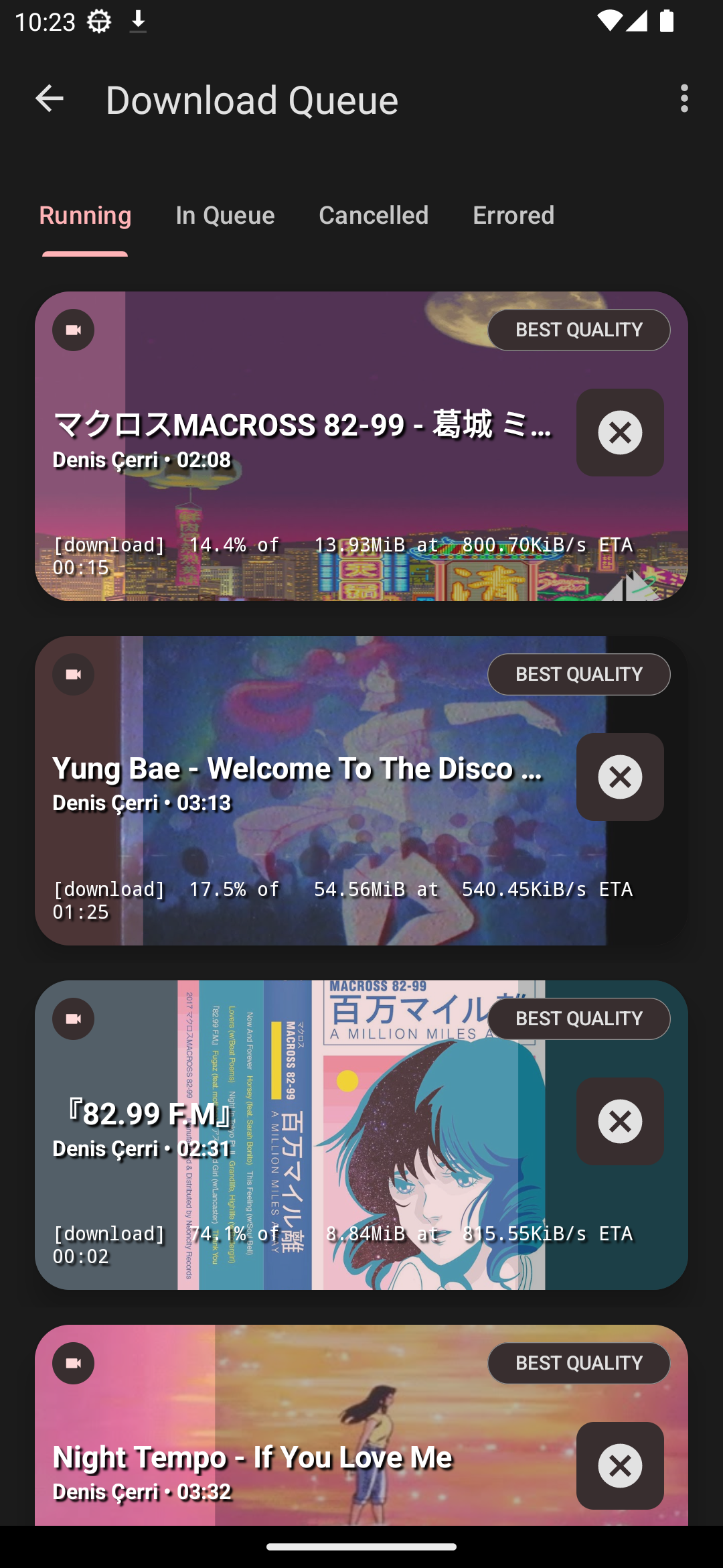 Экран очереди загрузок YTDLnis на Android