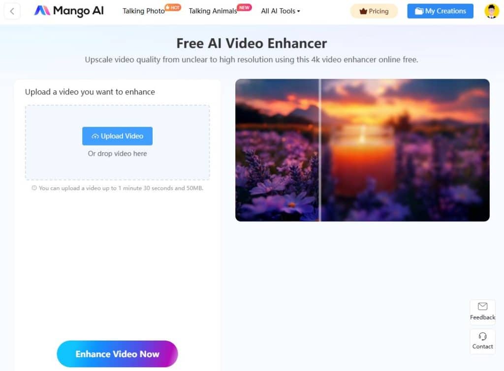 Mango AI Video Enhancer: интерфейс улучшения видео