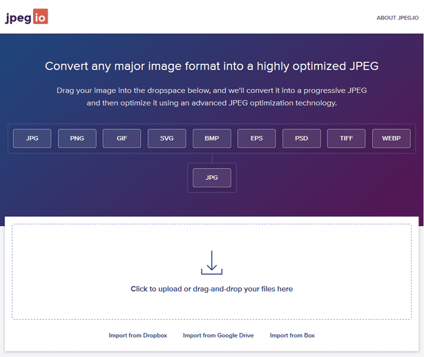 Зона загрузки JPEG.io с кнопками импорта из Dropbox, Google Drive и Box