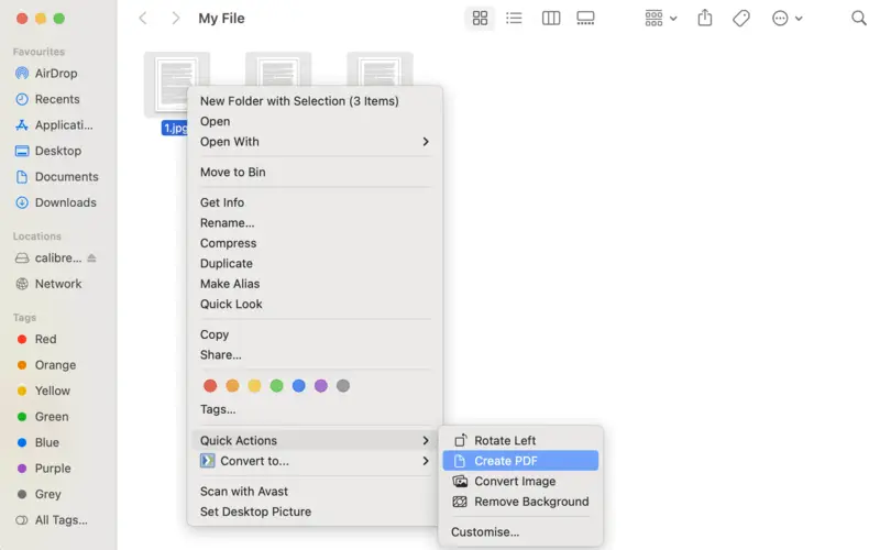 Команда Create PDF в быстрых действиях Finder