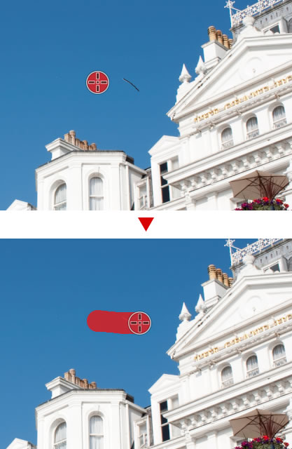 Пример применения Auto Retouch Brush: красная область показывает участок, по которому проведена кисть