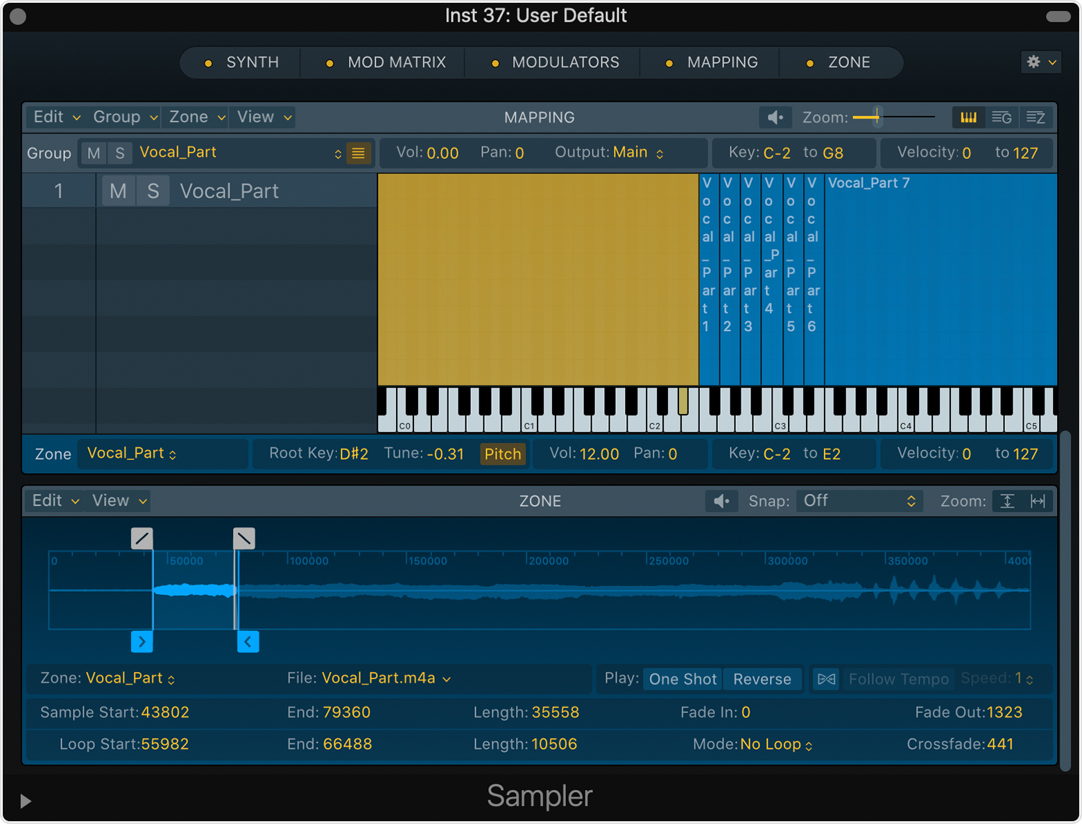Mapping и Zone в Sampler Logic Pro с клавиатурными зонами и waveform