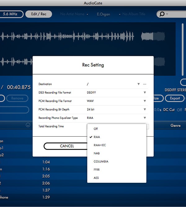 Интерфейс KORG AudioGate с окном Rec Setting и параметрами записи