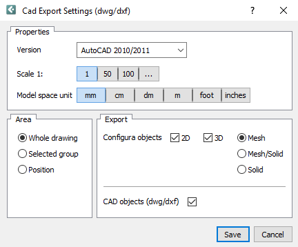 Окно Cad Export Settings (dwg/dxf) в Configura 9.9.8 с выбором 2D, 3D, Mesh, Mesh/Solid и Solid