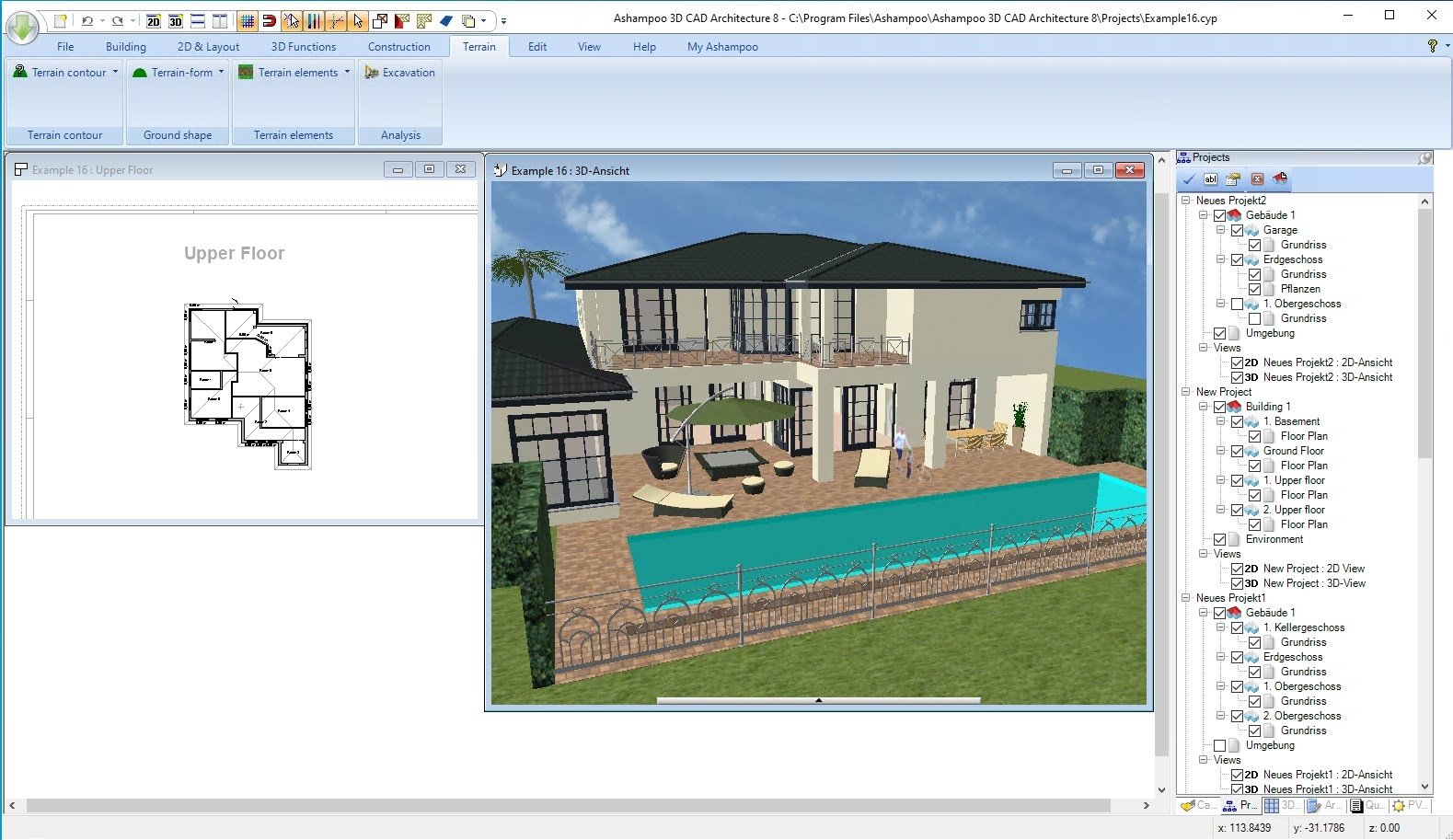 Интерфейс Ashampoo 3D CAD Architecture с 2D-планом и 3D-видом дома